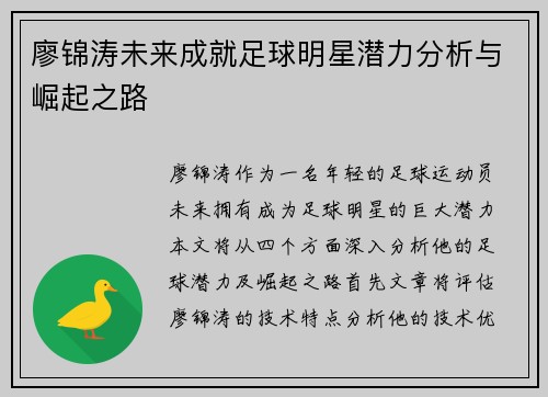 廖锦涛未来成就足球明星潜力分析与崛起之路