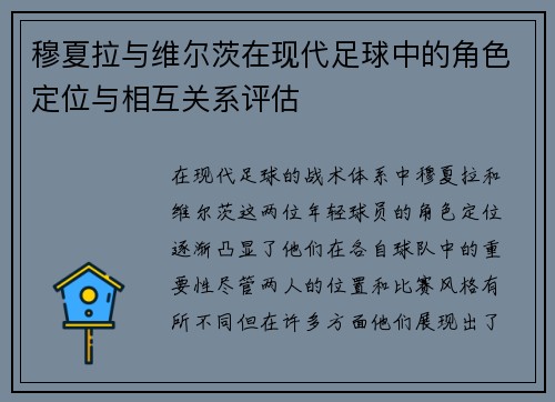 穆夏拉与维尔茨在现代足球中的角色定位与相互关系评估 穆夏拉与维尔茨在现代足球中的角色定位与相互关系评估