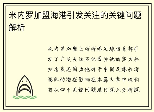 米内罗加盟海港引发关注的关键问题解析