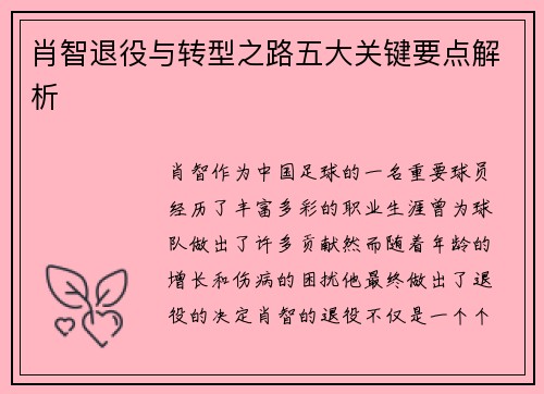 肖智退役与转型之路五大关键要点解析 肖智退役与转型之路五大关键要点解析