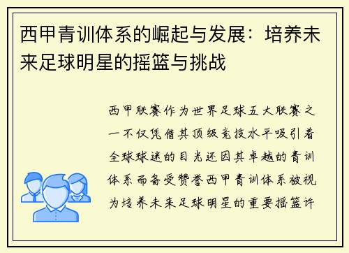 西甲青训体系的崛起与发展：培养未来足球明星的摇篮与挑战