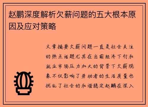 赵鹏深度解析欠薪问题的五大根本原因及应对策略