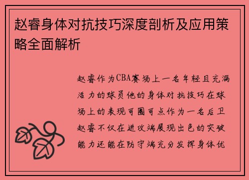 赵睿身体对抗技巧深度剖析及应用策略全面解析
